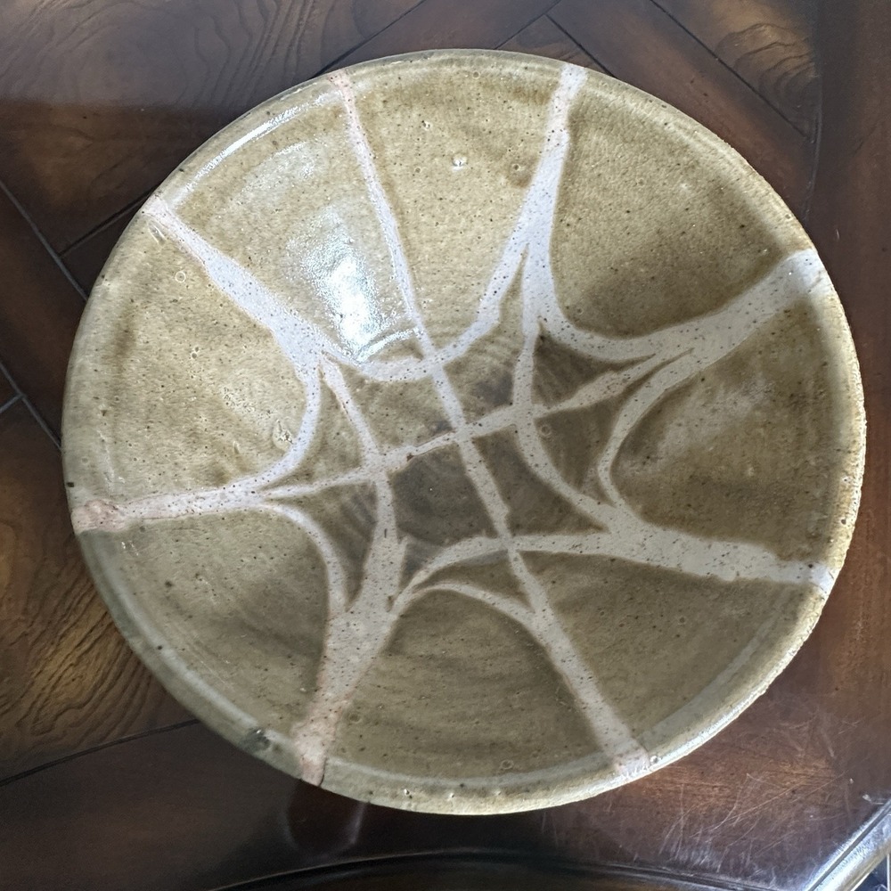Artisan Stoneware Pottery Bowl 8.2 Inch Green Ribbed Geometric Signed Tiffany